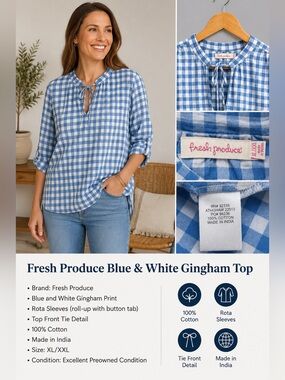 Fresh Produce Blue White Gingham Cotton Tunic Top XL XXL Roll Tab Sleeves